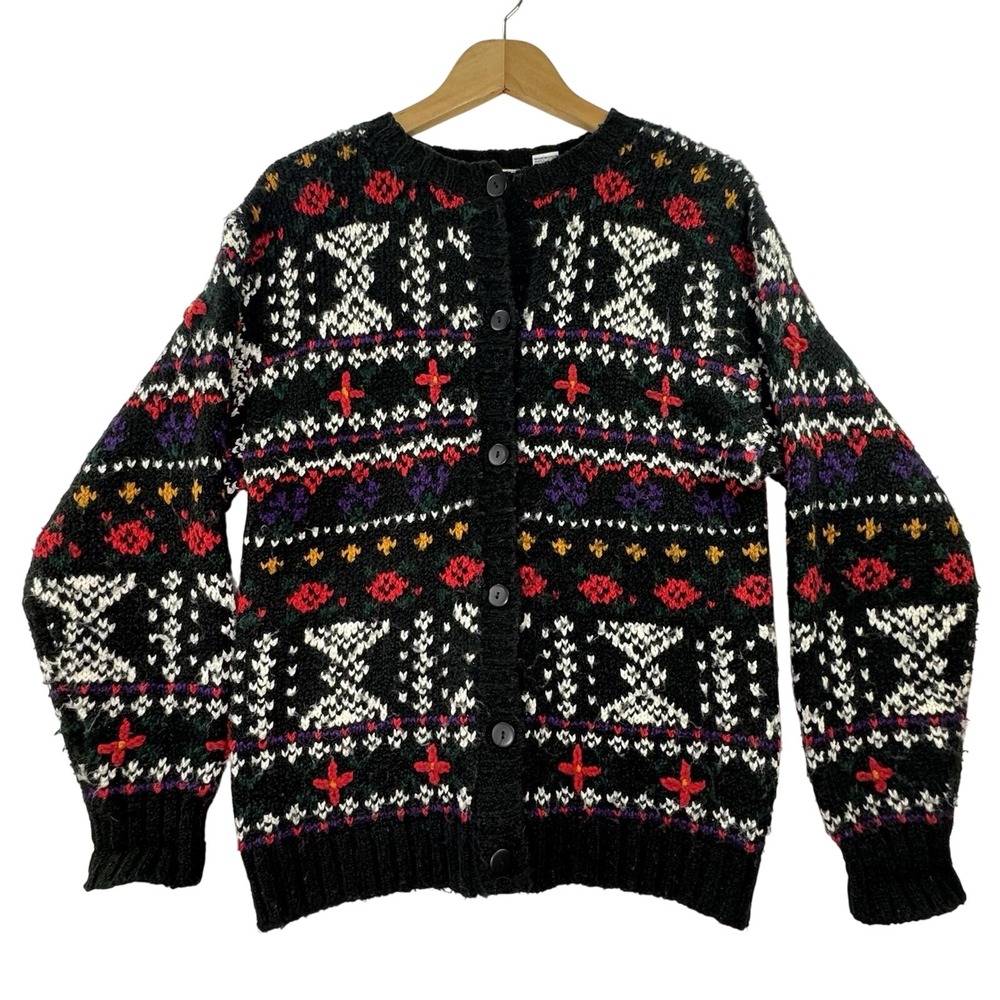 Boundary Waters Vintage Fair Isle‎ Cardigan Sweater Black Floral Womens Large